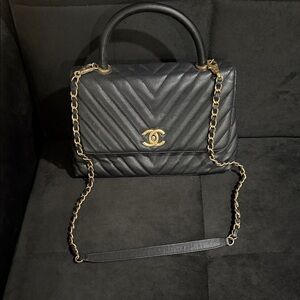 Chanel Black Chevron Leather Bag with Gold Chain